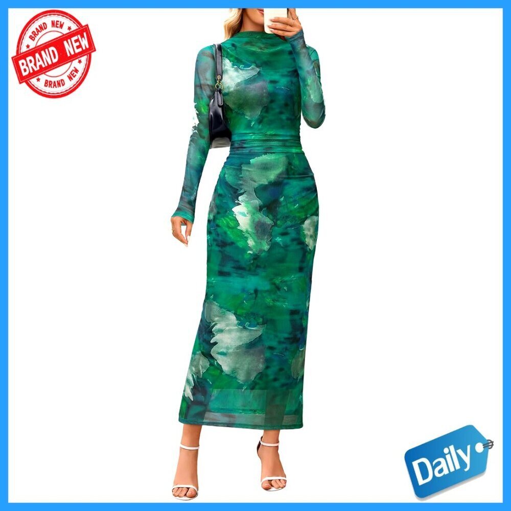Long Sleeve Bodycon Maxi Dress Ruched Detail Mesh Fabric Wedding Guest